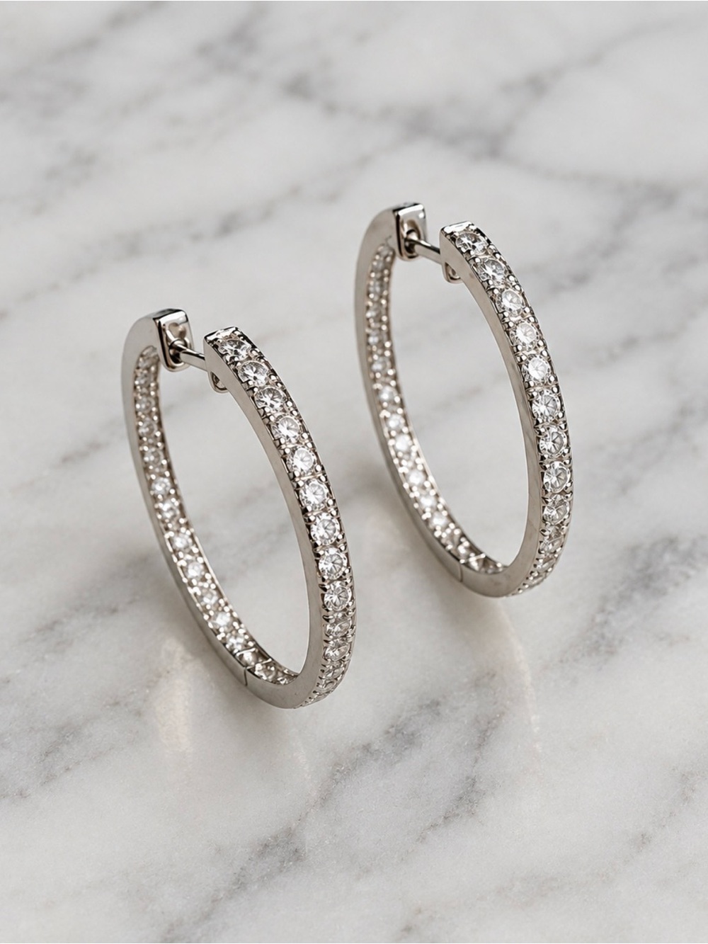 14K White Gold 1” Diamond Hoop Earrings, 7.5G, snap back closure